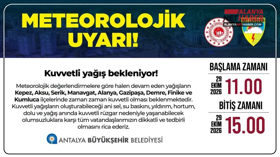 Batı Antalya İçin Kuvvetli Yağış Uyarısı